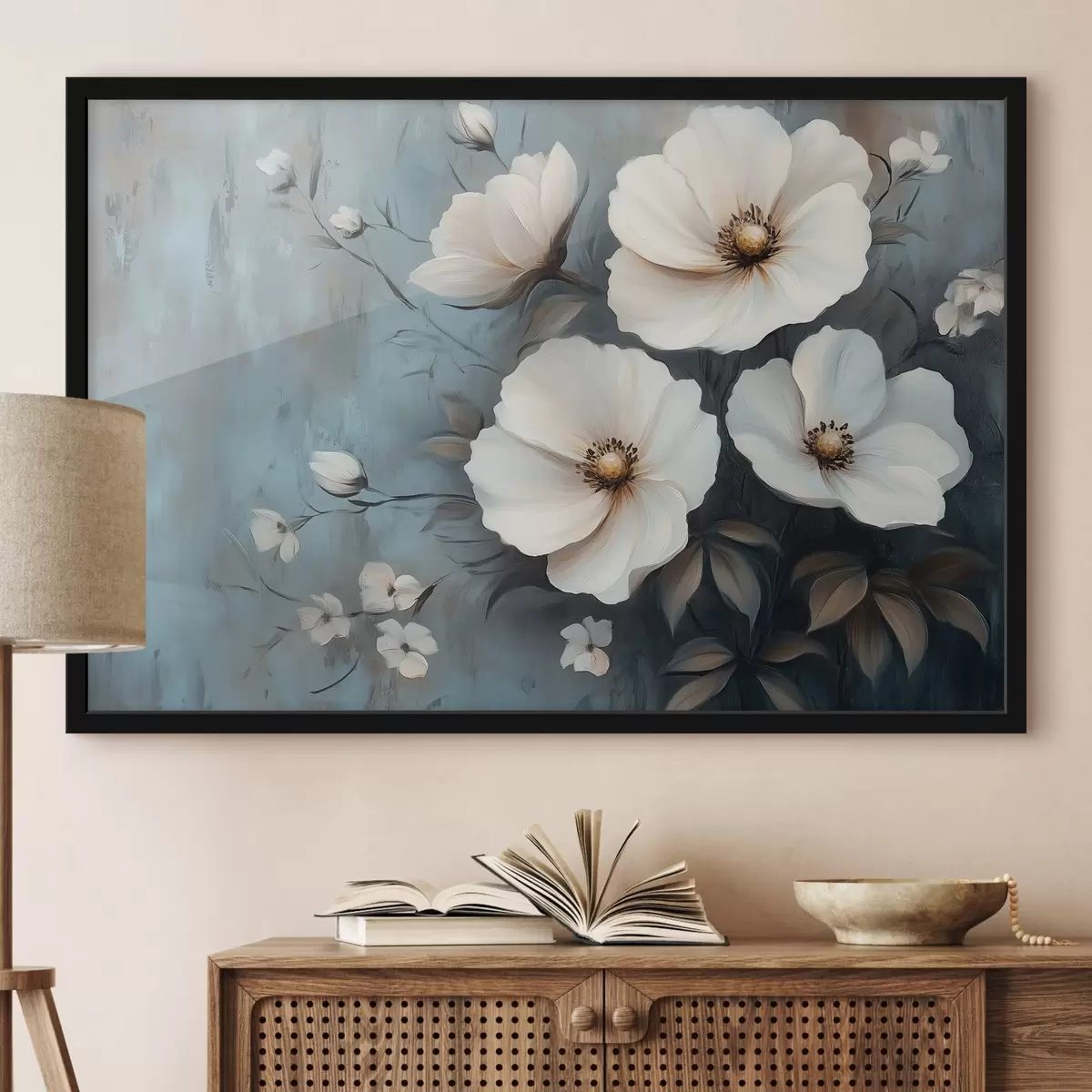 Poster Witte bloemen op een blauwe achtergrond f42319