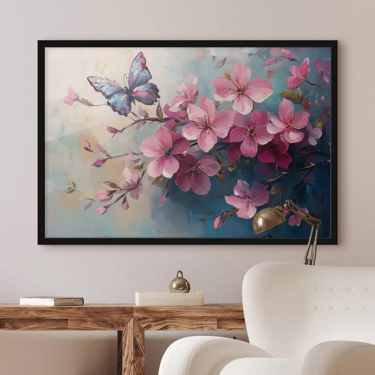 Poster Roze bloemen en vlinder f42320