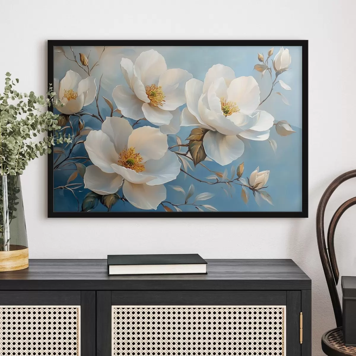 Affiche Grandes fleurs blanches sur fond bleu f42321