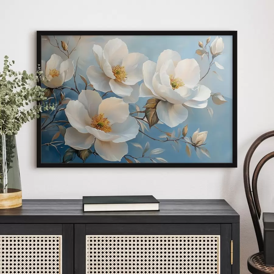 Papier peint photo Grandes fleurs blanches sur fond bleu f42321