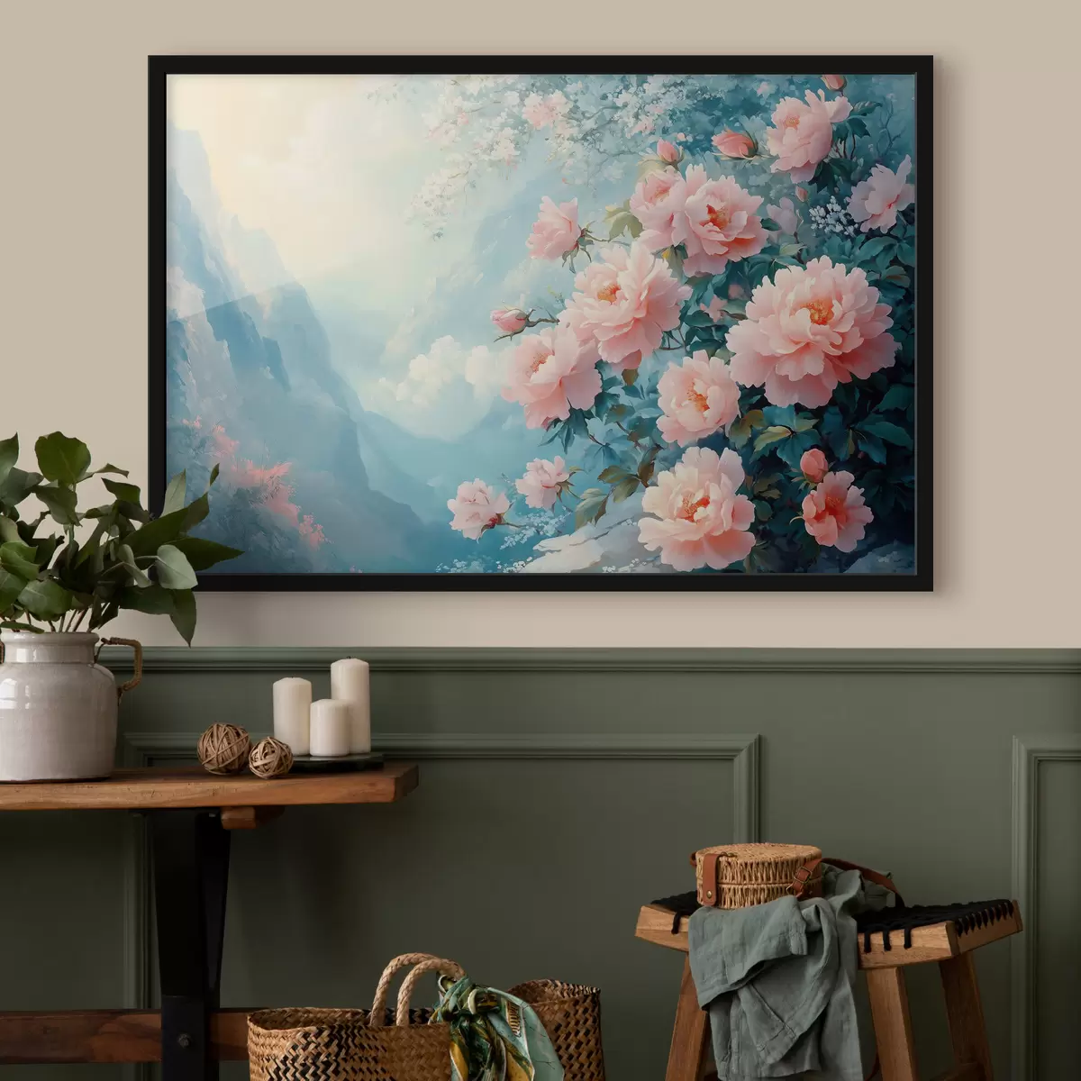 Poster Blauwe bergen en bloemen op de voorgrond f42324