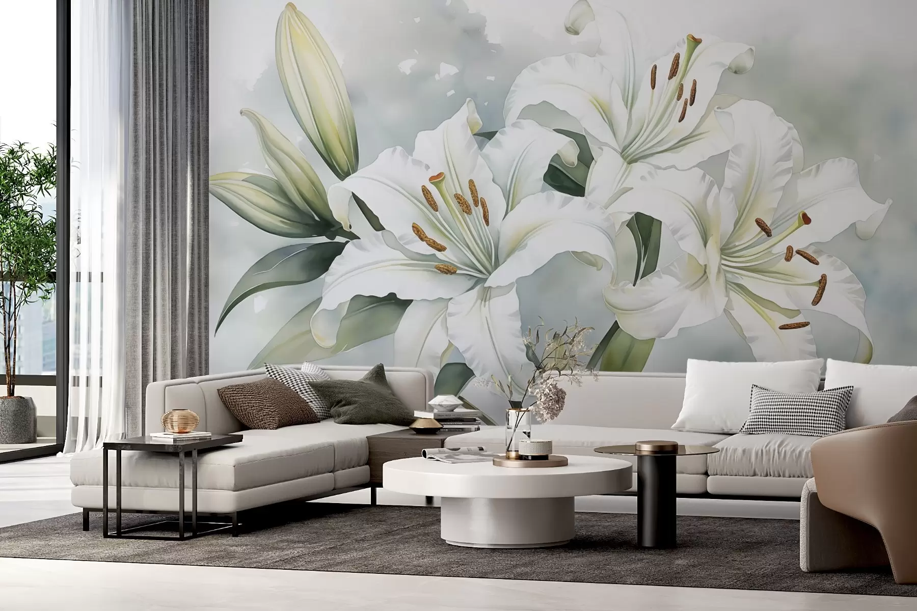 Fotobehang Witte lelies imitatie aquarel stijl w02711