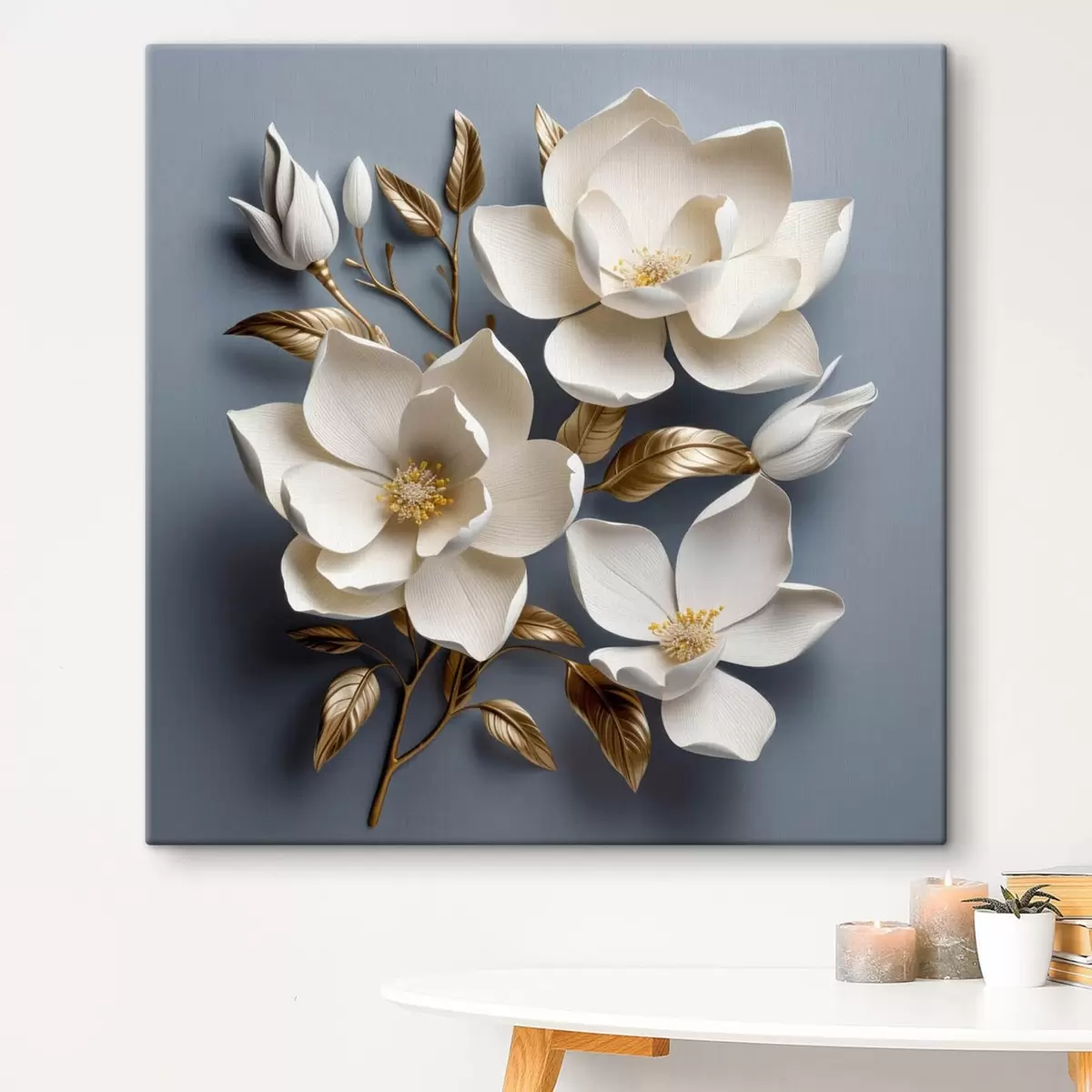  Schilderijen Grote bloemen op een lichtgrijze achtergrond s42174