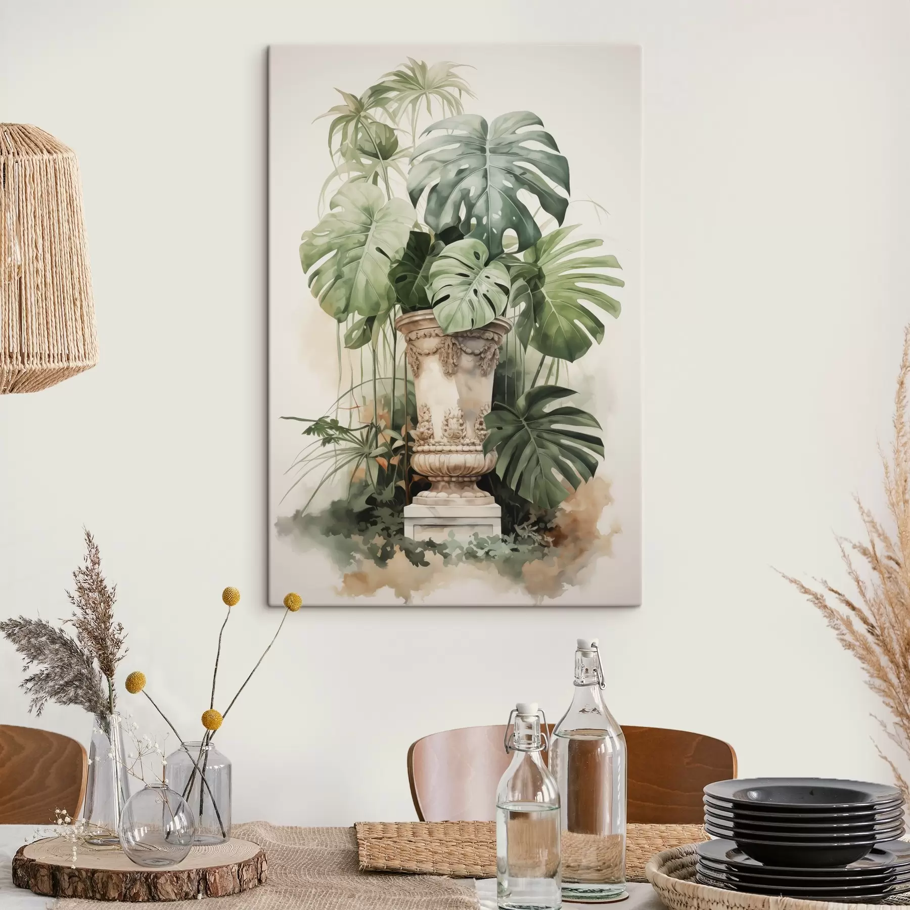 Papier peint photo Feuilles de monstera tropical sur une colonne imitation aquarelle s42351