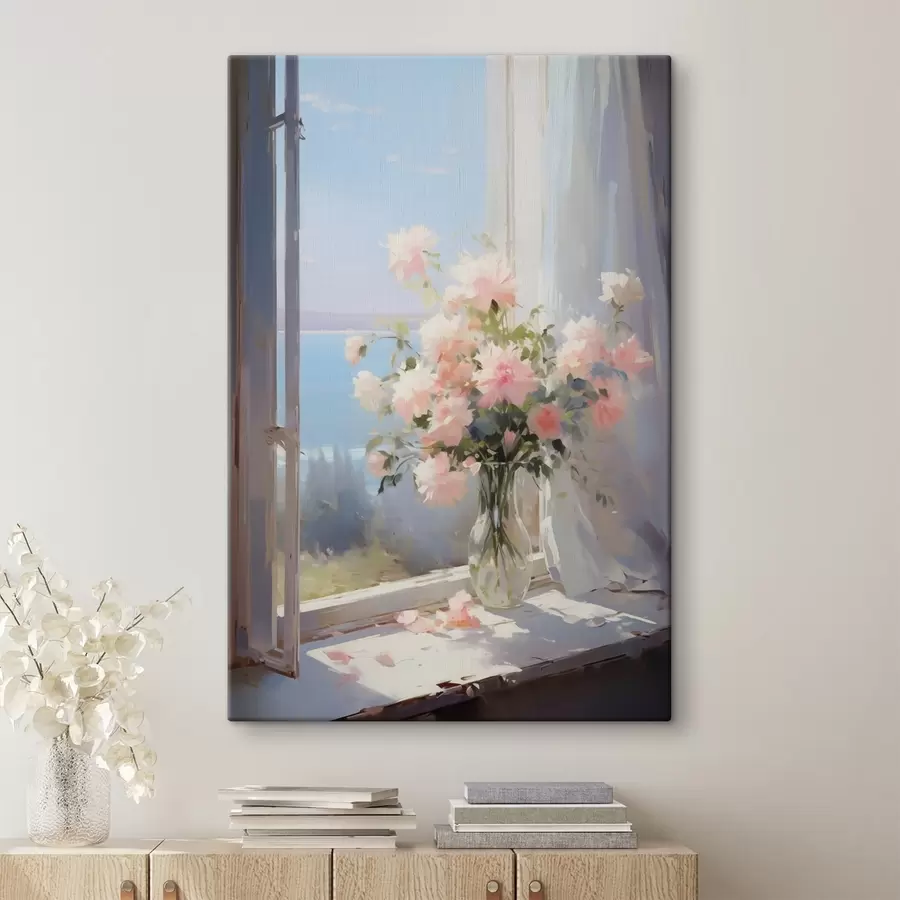  Schilderijen Boeket van delicate bloemen in een glazen vaas imitatie van schilderij s42352