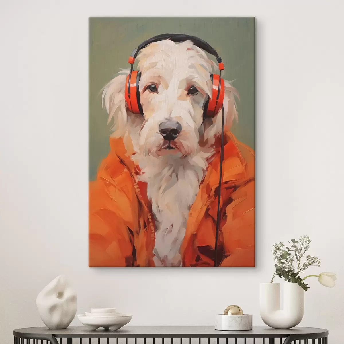  Schilderijen Witte hond met oranje jas en koptelefoon imitatieschilderij s42364