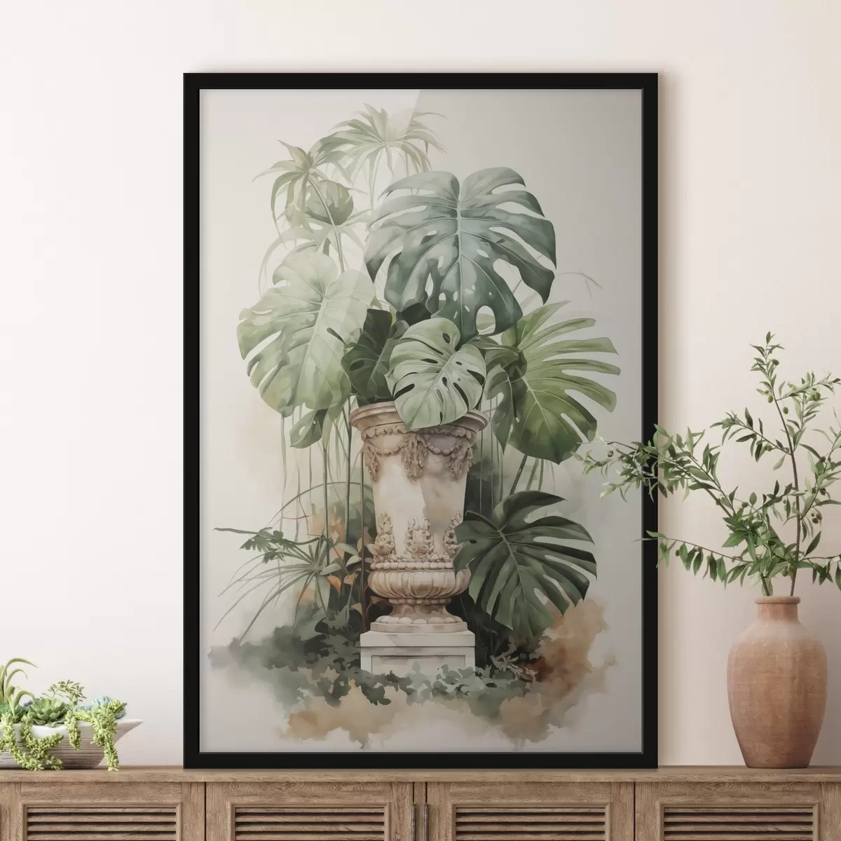 Affiche Feuilles de monstera tropical sur une colonne imitation aquarelle f42351