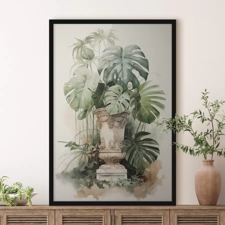 Fotobehang Tropische monstera bladeren op een zuil imitatie aquarel f42351