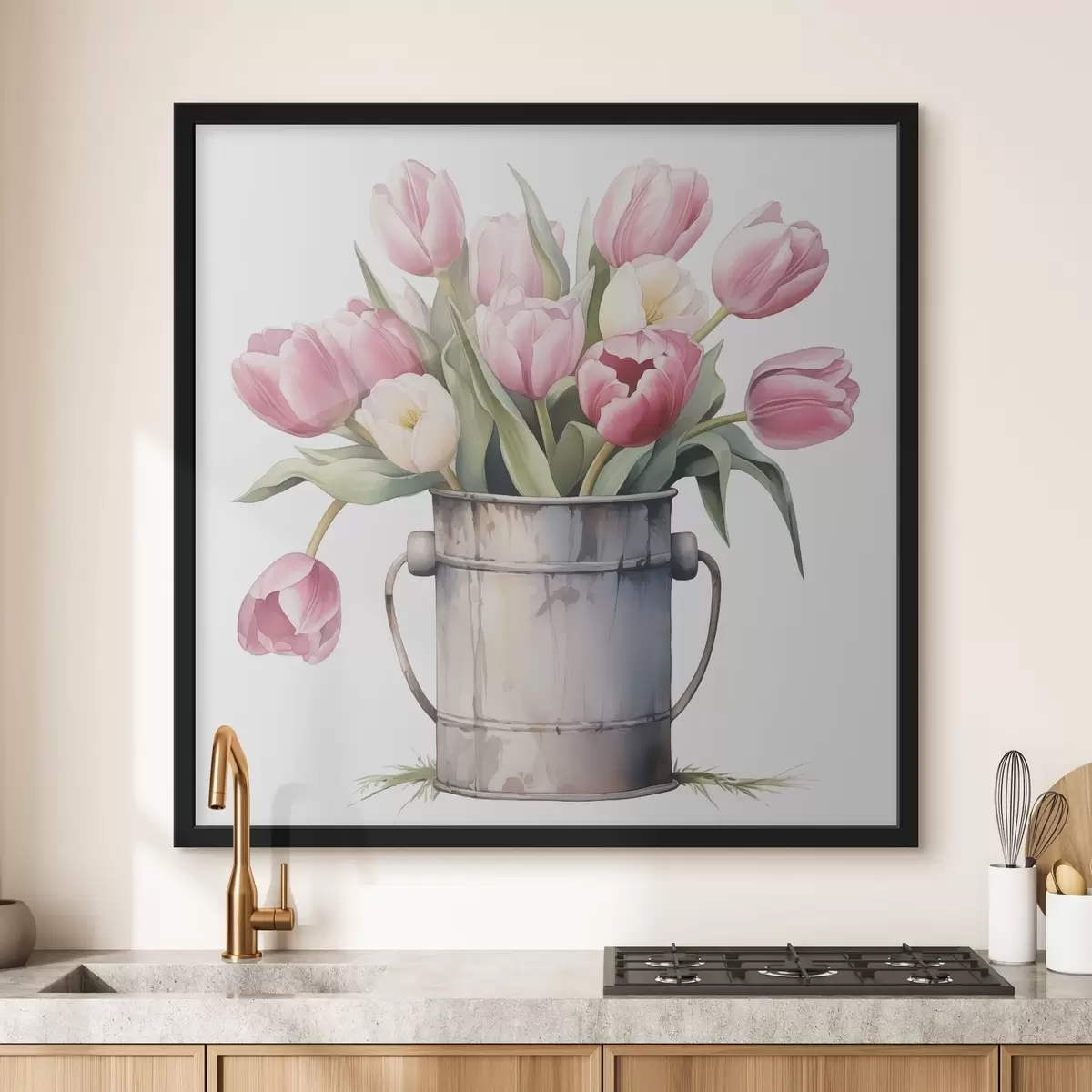Affiche Bouquet de tulipes dans un seau imitation aquarelle f42353