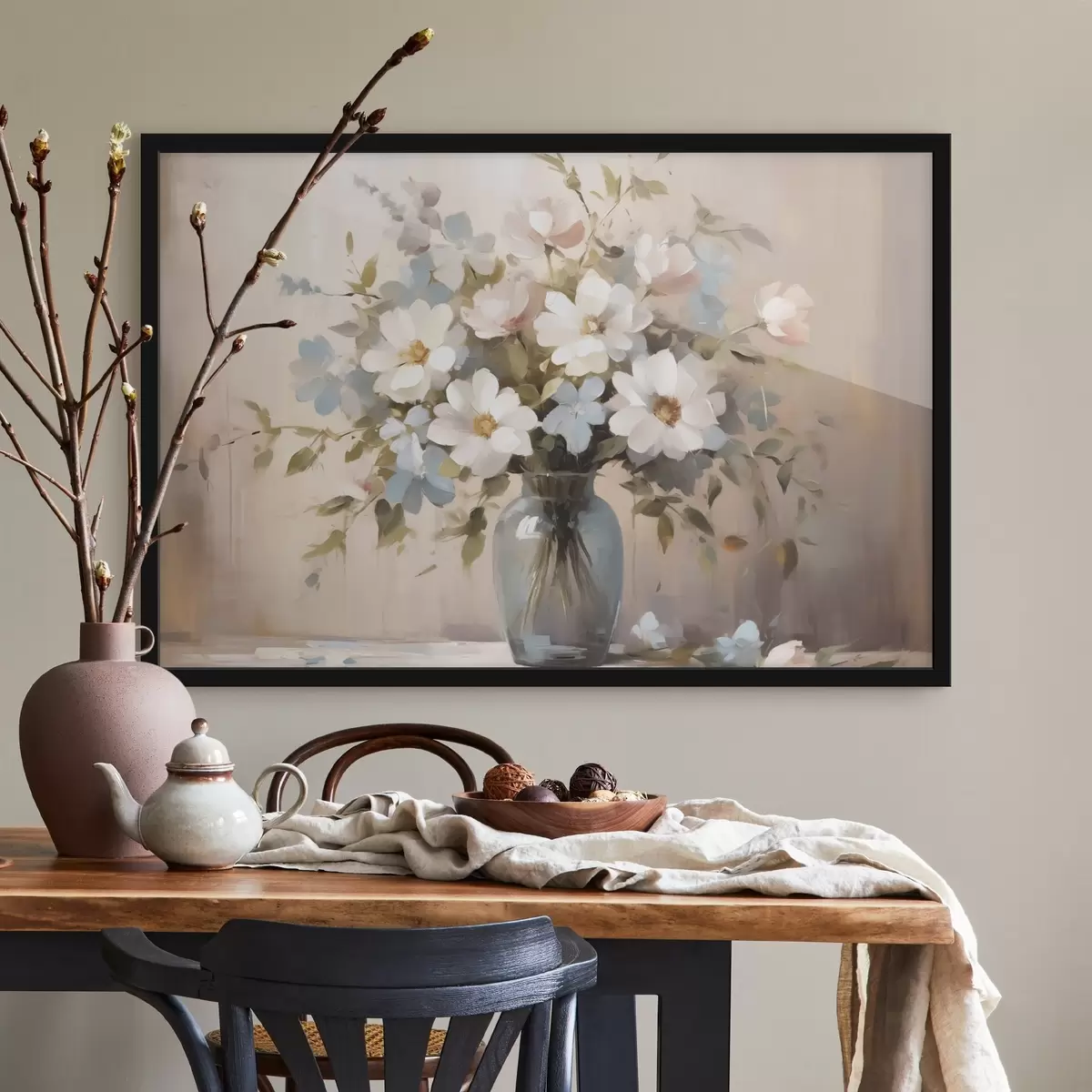 Poster Boeket bloemen en takjes in een vaas imitatie van schilderij f42356