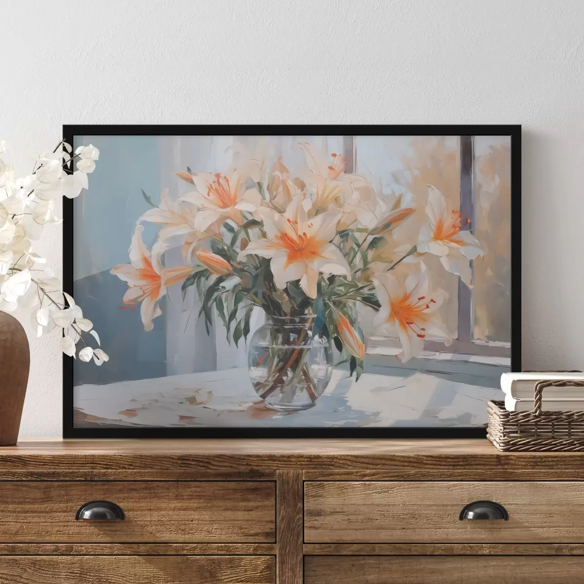 Poster Lelies in een glazen vaas imitatie van schilderij f42359