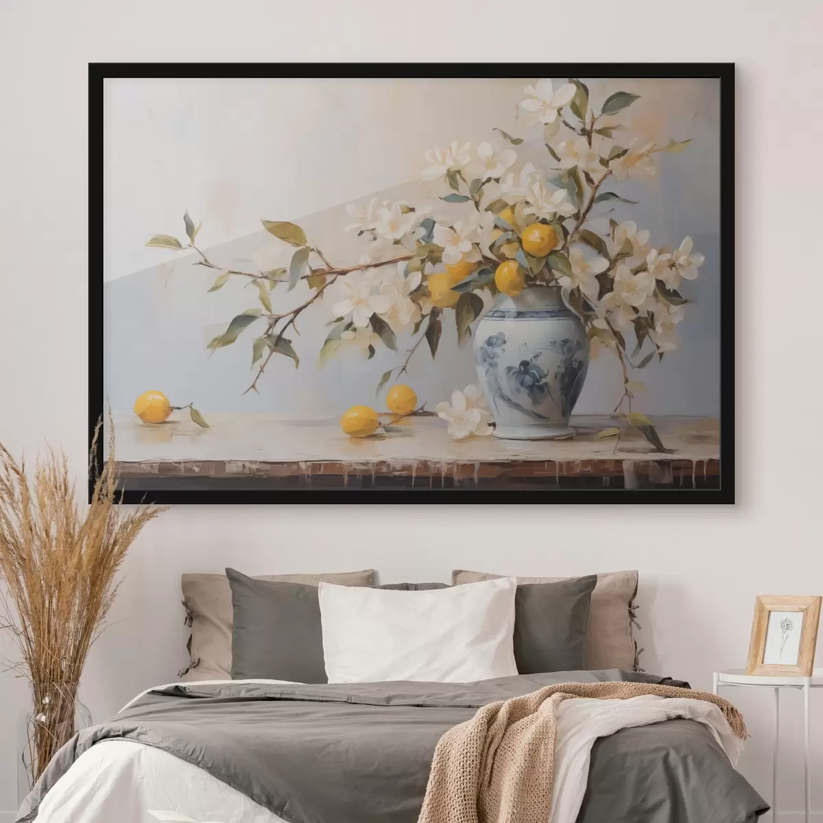 Poster Vaas met takken van witte bloemen en imitatieschilderij van citroen f42360