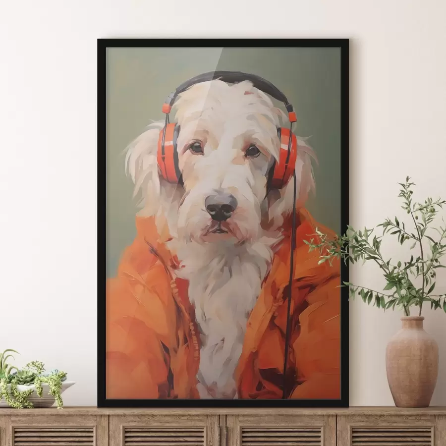 Fotobehang Witte hond met oranje jas en koptelefoon imitatieschilderij f42364