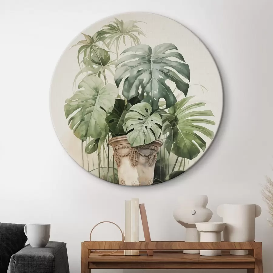  Schilderijen Tropische monstera bladeren op een zuil imitatie aquarel r42351