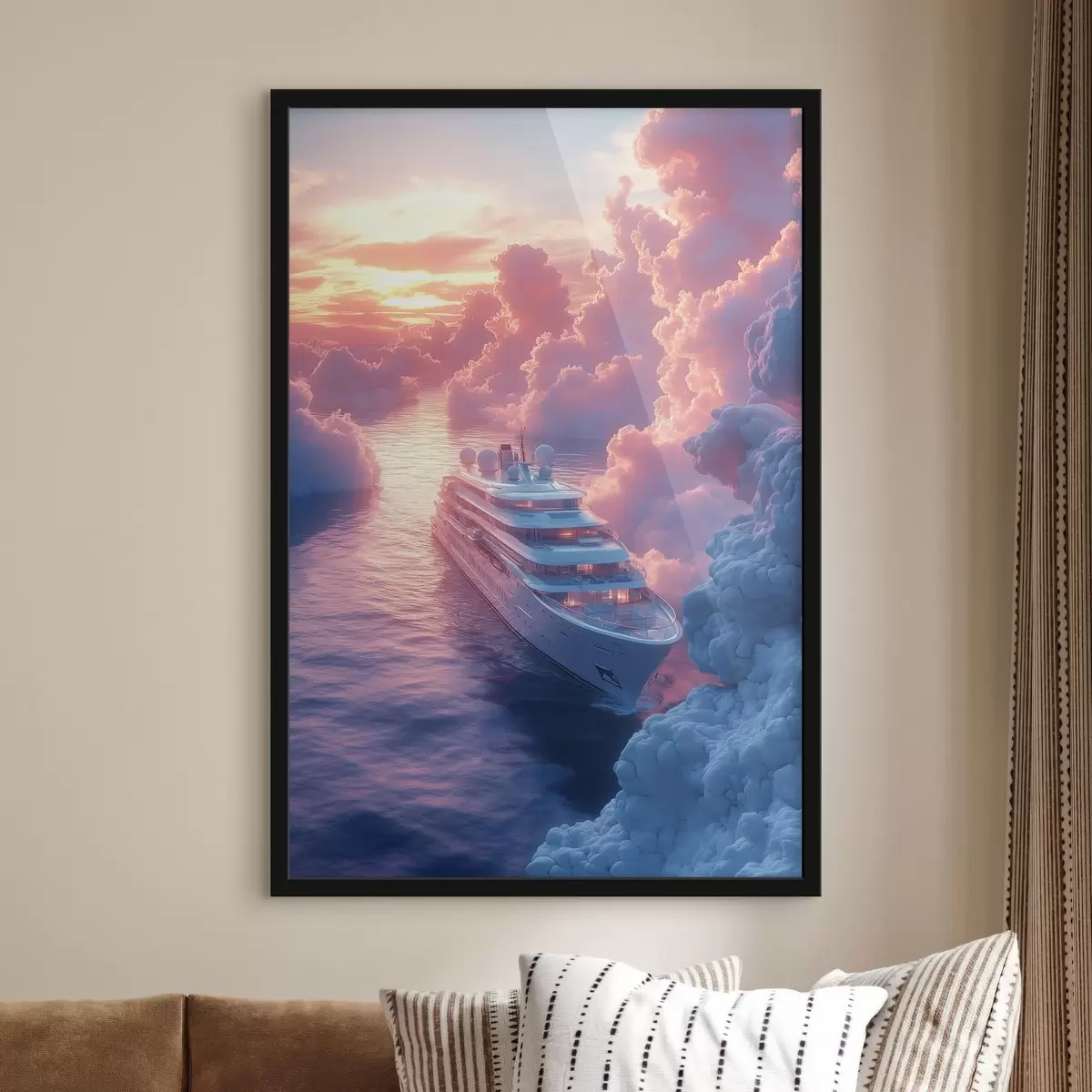 Affiche Bateau de croisière sur fond de coucher de soleil rose f42085