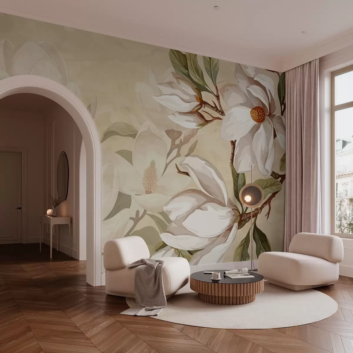 Fotobehang Magnolia's op pastelkleurige achtergrond w02694