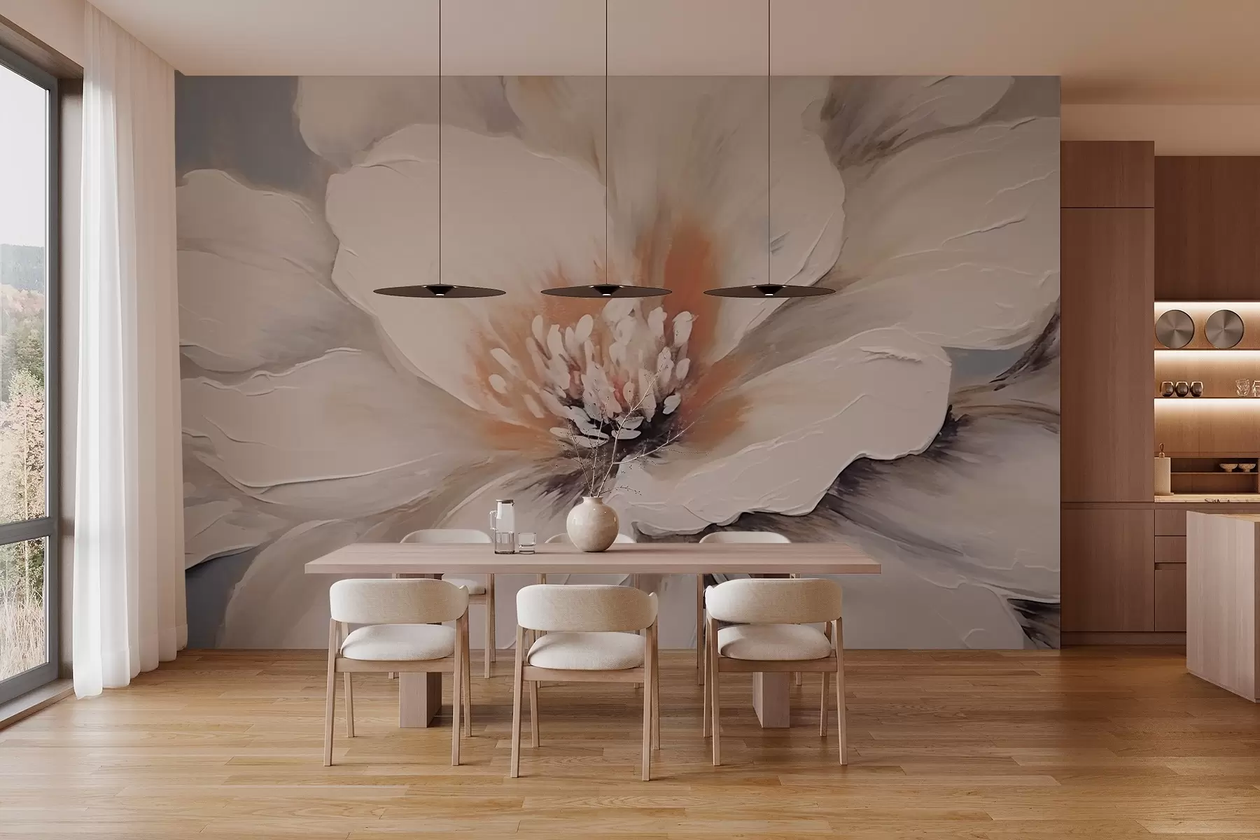 Fotobehang Abstracte witte bloem op grijze achtergrond w02702