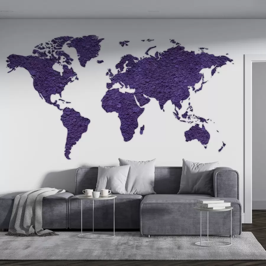 Fotobehang Wereldkaart met mos, natuur, paars kleurenpalet w02657v3