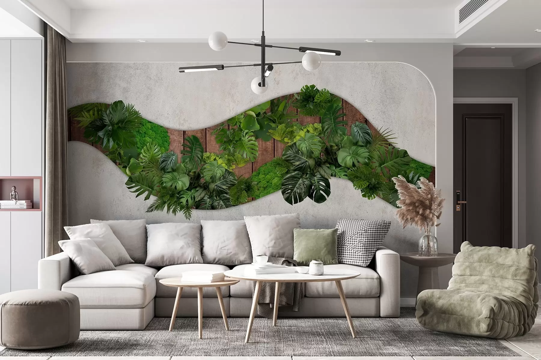 Papier peint photo Wandornament met planten, mos, palmbladeren, houten achtergrond w02658