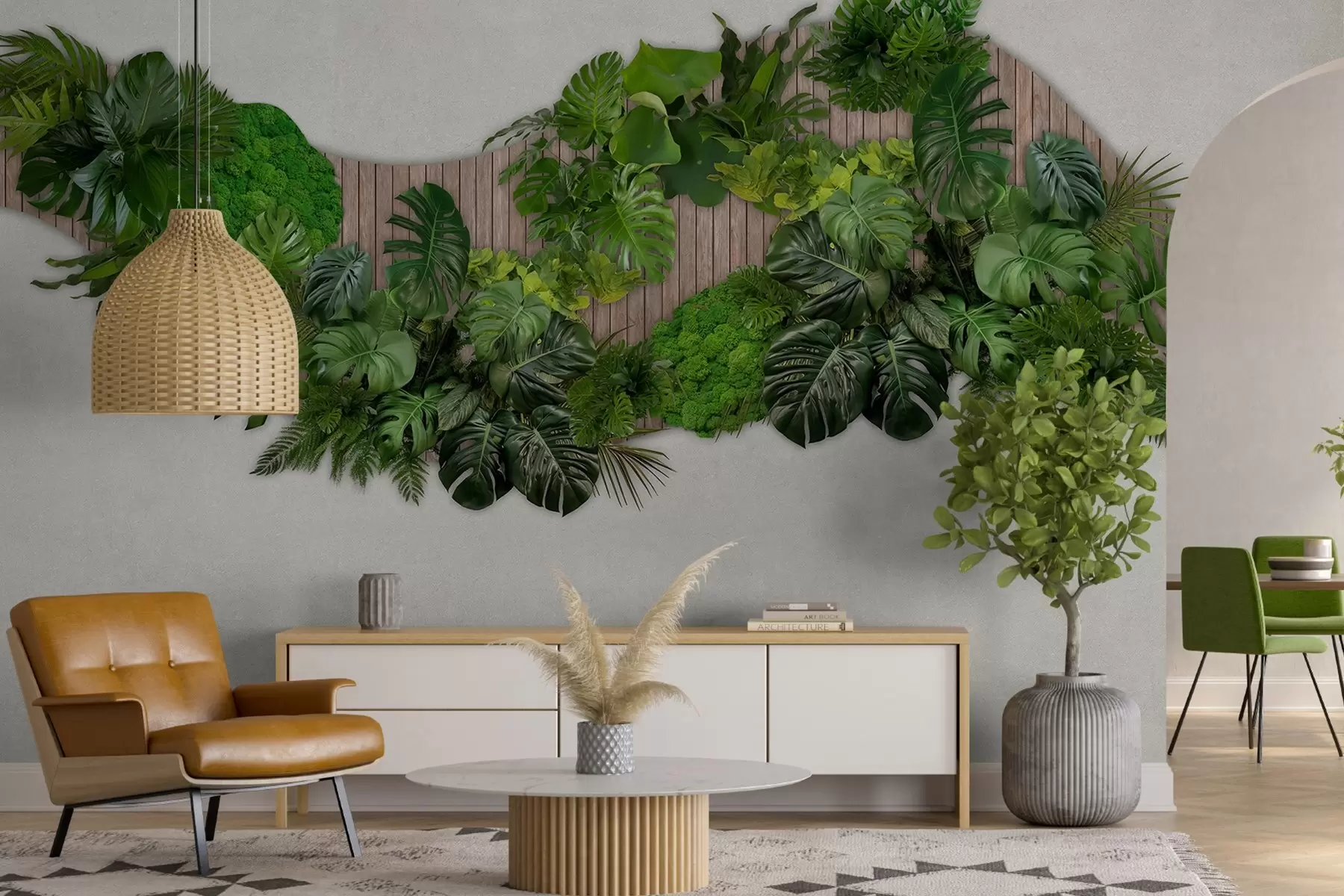 Fotobehang Bloemenpaneel met palmbladeren, mos en houten achtergrond w02717