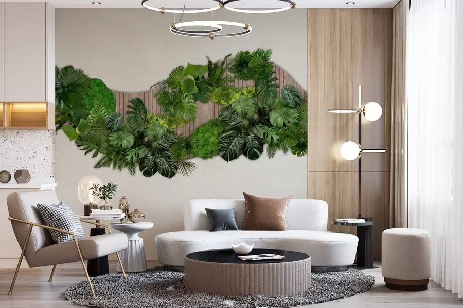 Papier peint photo Panneau floral avec feuilles de palmier, mousse et fond en bois w02717