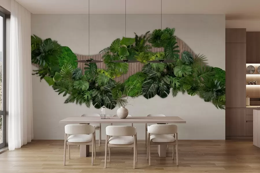 Fotobehang Bloemenpaneel met palmbladeren, mos en houten achtergrond w02717