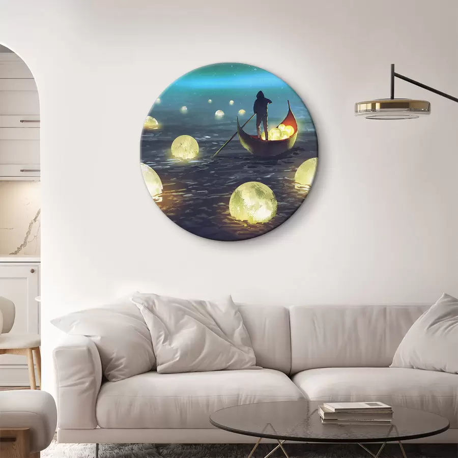 Schilderijen Een man in een boot tegen de achtergrond van de schijnende maan r34544