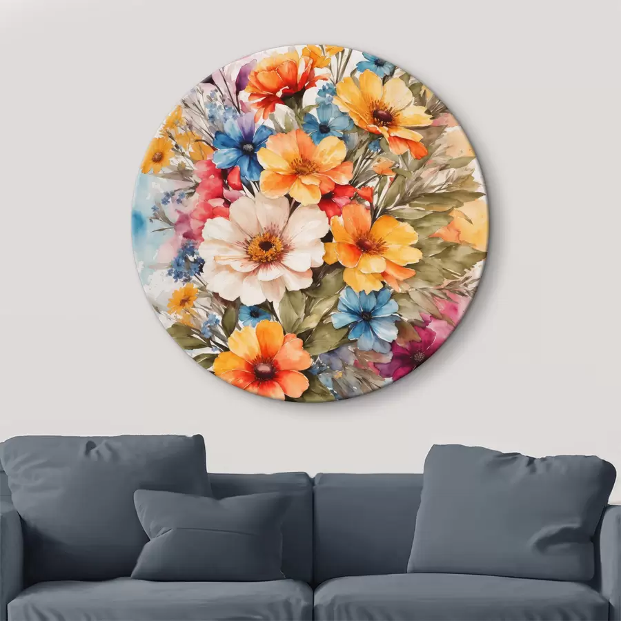  Schilderijen Aquarelboeket van roze, gele, blauwe en rode bloemen r36121