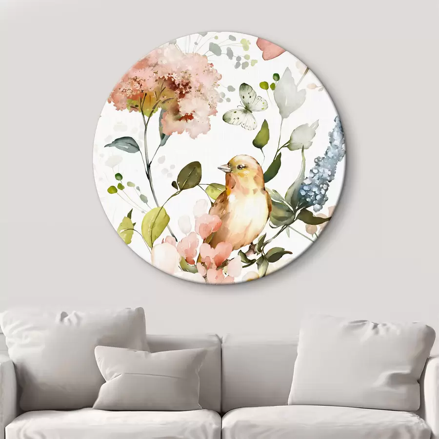  Schilderijen Aquarel met bloemen, vogels en vlinders op een witte achtergrond r36153