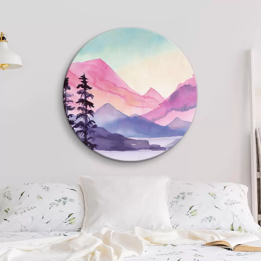  Schilderijen Aquarel Berglandschap, Zonsopgang, Zachte paarse, roze en blauwe kleuren r36496