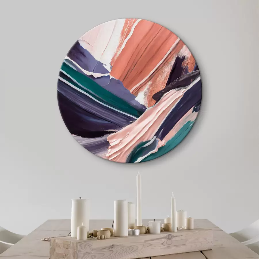  Schilderijen Abstracte olieverf, penseelstreek, verftextuur, zachte oranje paarse kleuren r36498