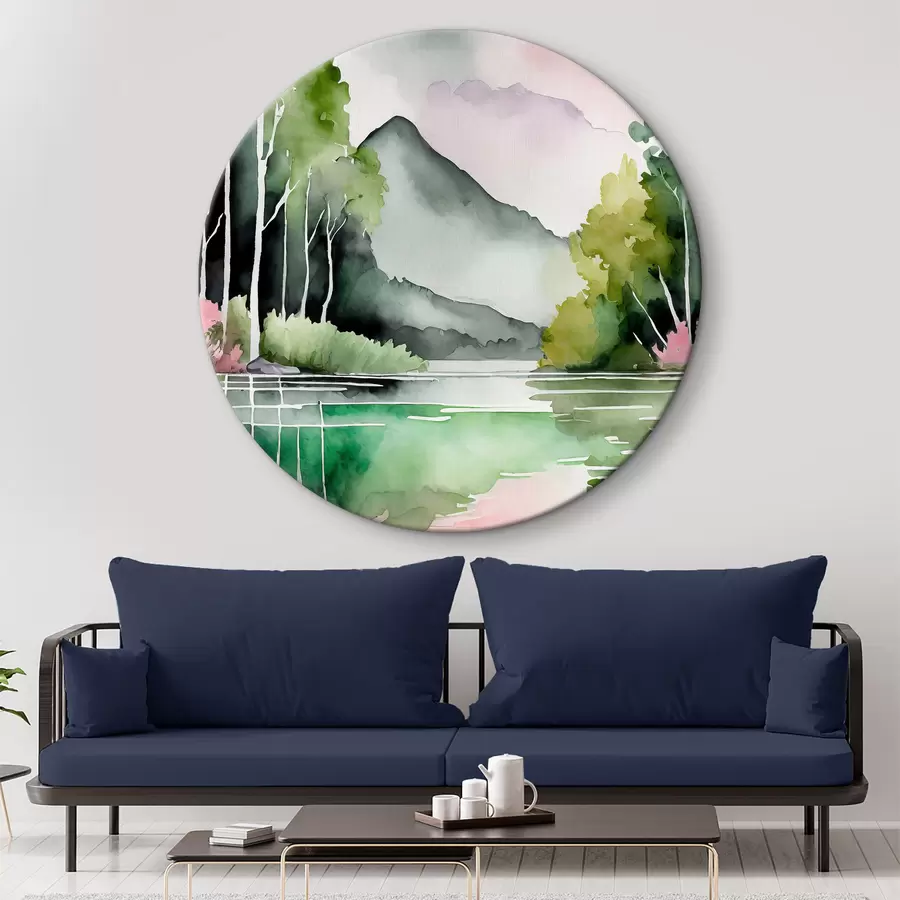  Peintures Paysage naturel aquarelle, lac et forêt, couleurs douces vertes, roses et grises r36507