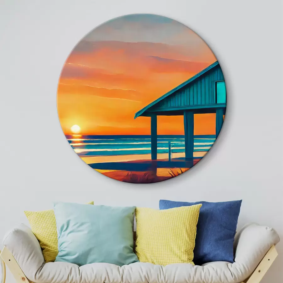  Schilderijen Kleuren van zonsondergang bij een huisje aan de oceaan r36580