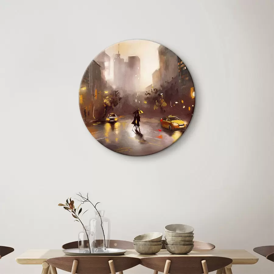  Schilderijen Persoon met paraplu loopt op natte straat met auto's en gebouwen r36600