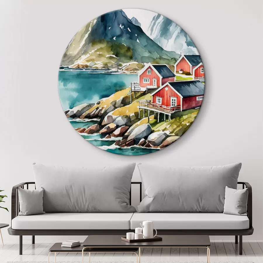  Schilderijen Aquarel van huizen op een heuvel naast een stuwmeer r36678