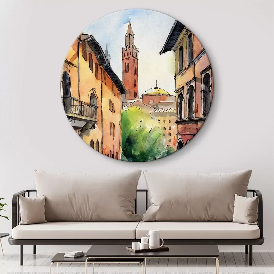  Schilderijen Een aquarelschilderij van een straat met gebouwen en bomen r36684