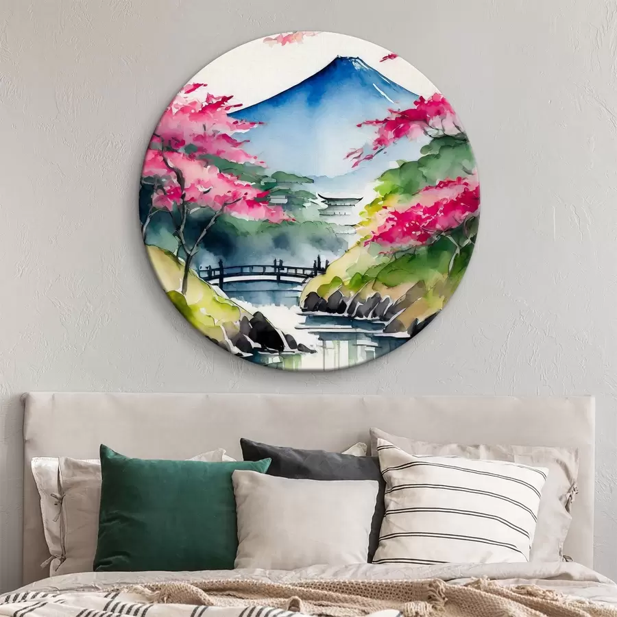  Schilderijen Aquarel Japan, kersenboom, bergen r36691