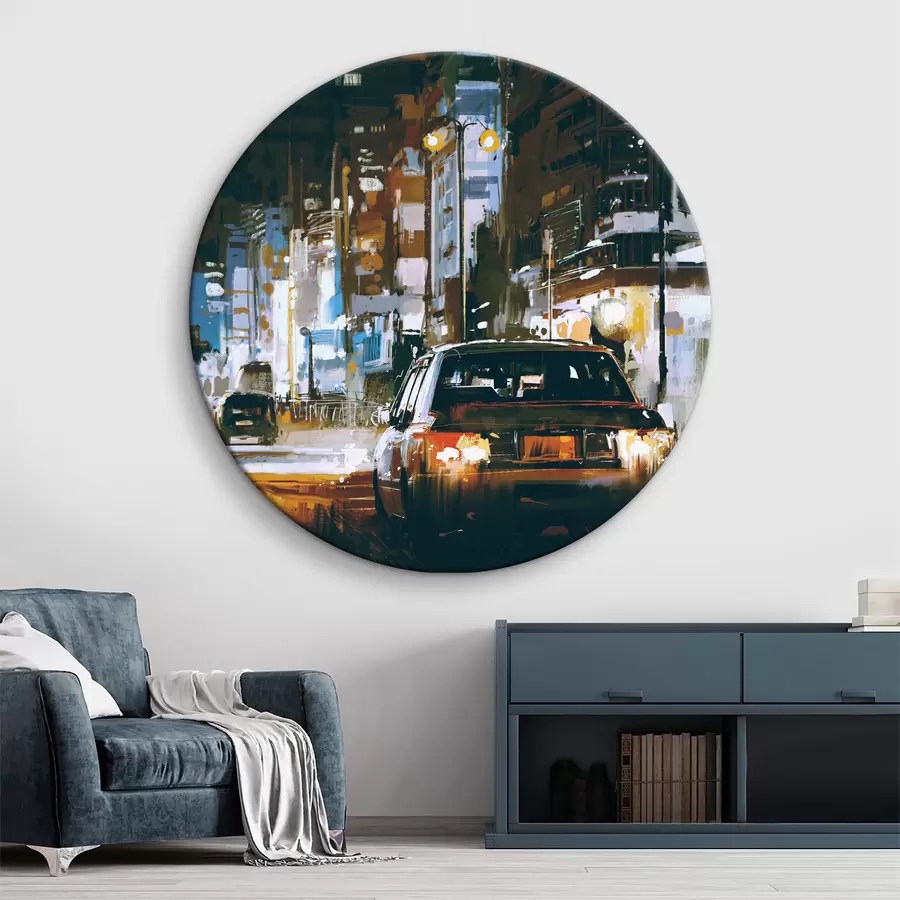  Schilderijen Stadslandschap en auto bij nacht r37085