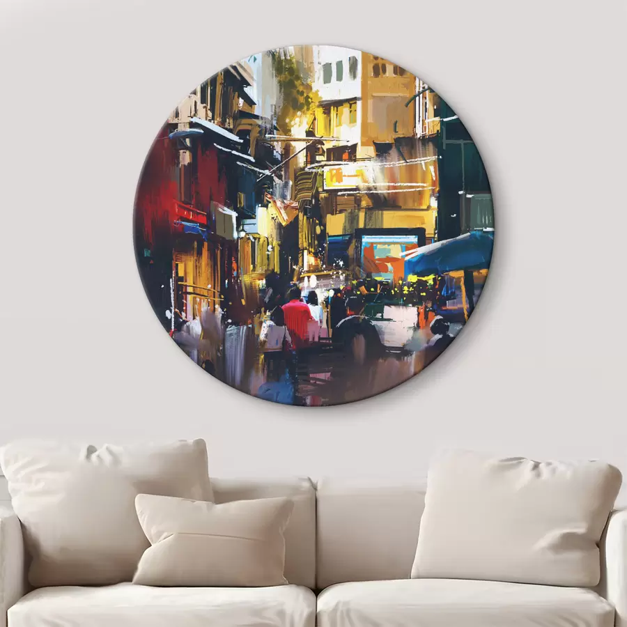  Schilderijen Straat met gebouwen en lopende mensen r37096