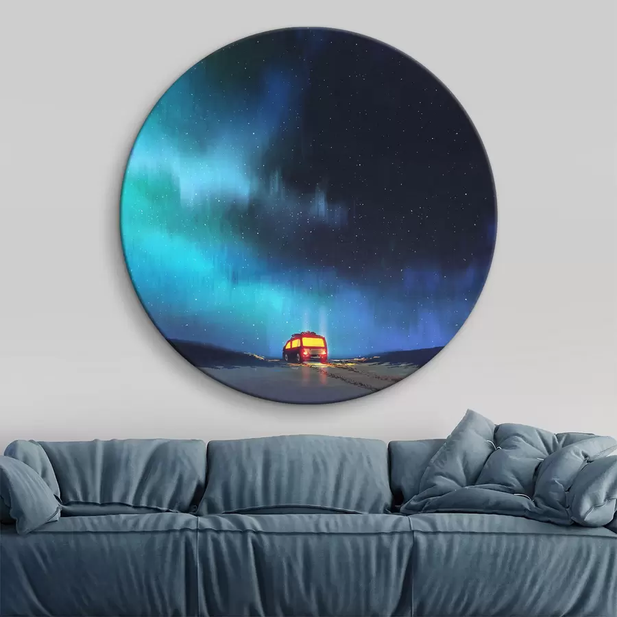  Schilderijen Bus op een besneeuwde weg met lichten in de lucht r37111