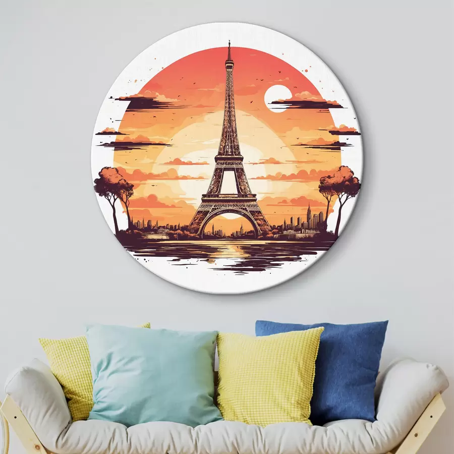  Schilderijen Een toren waarachter de zon ondergaat r37124