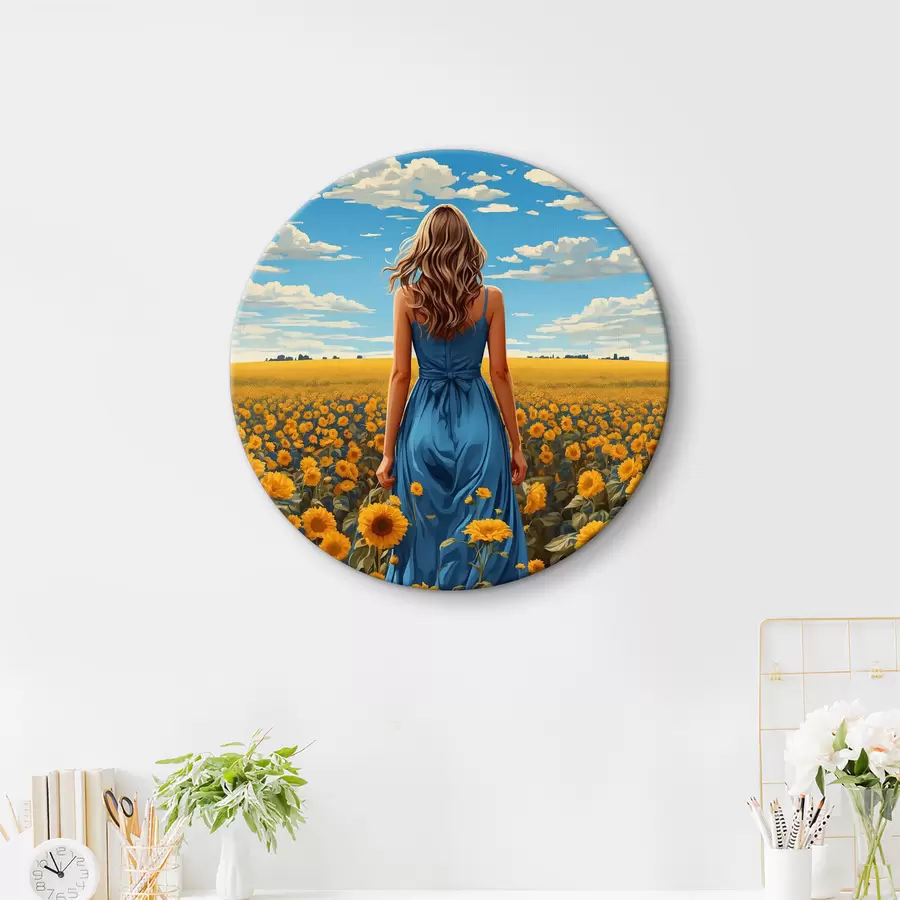  Schilderijen Vrouw in een blauwe jurk in een zonnebloemveld r37164