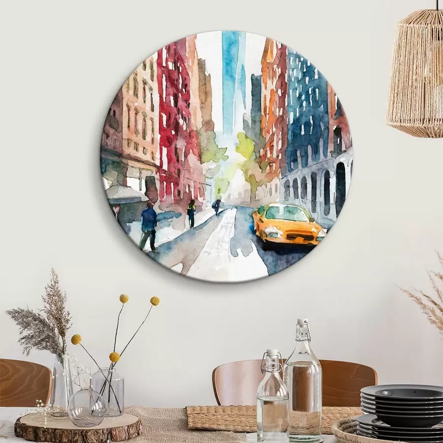  Schilderijen Een aquarel van een straat met gebouwen en een hoge toren op de achtergrond r37346