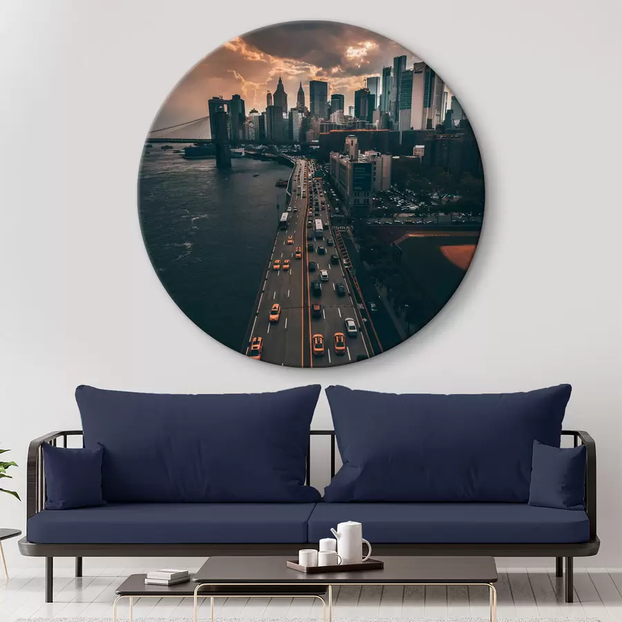  Schilderijen Brug over water met auto's en gebouwen op de achtergrond r37482