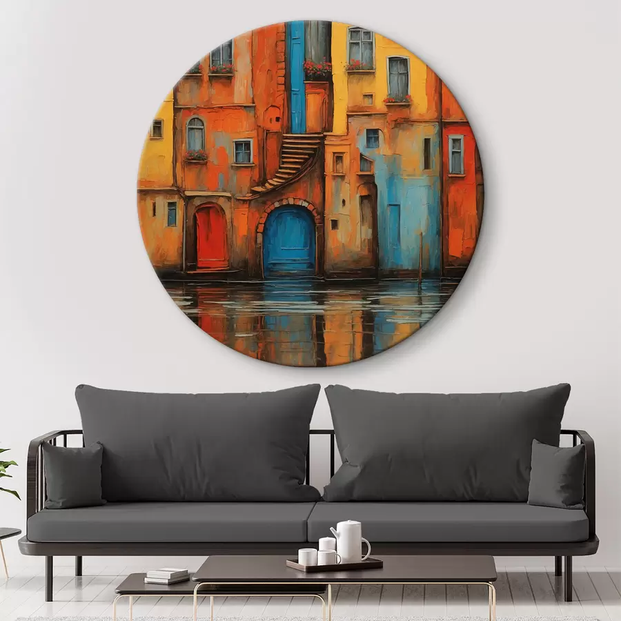  Schilderijen Afbeelding van een gebouw met een trap en blauwe deuren r37789