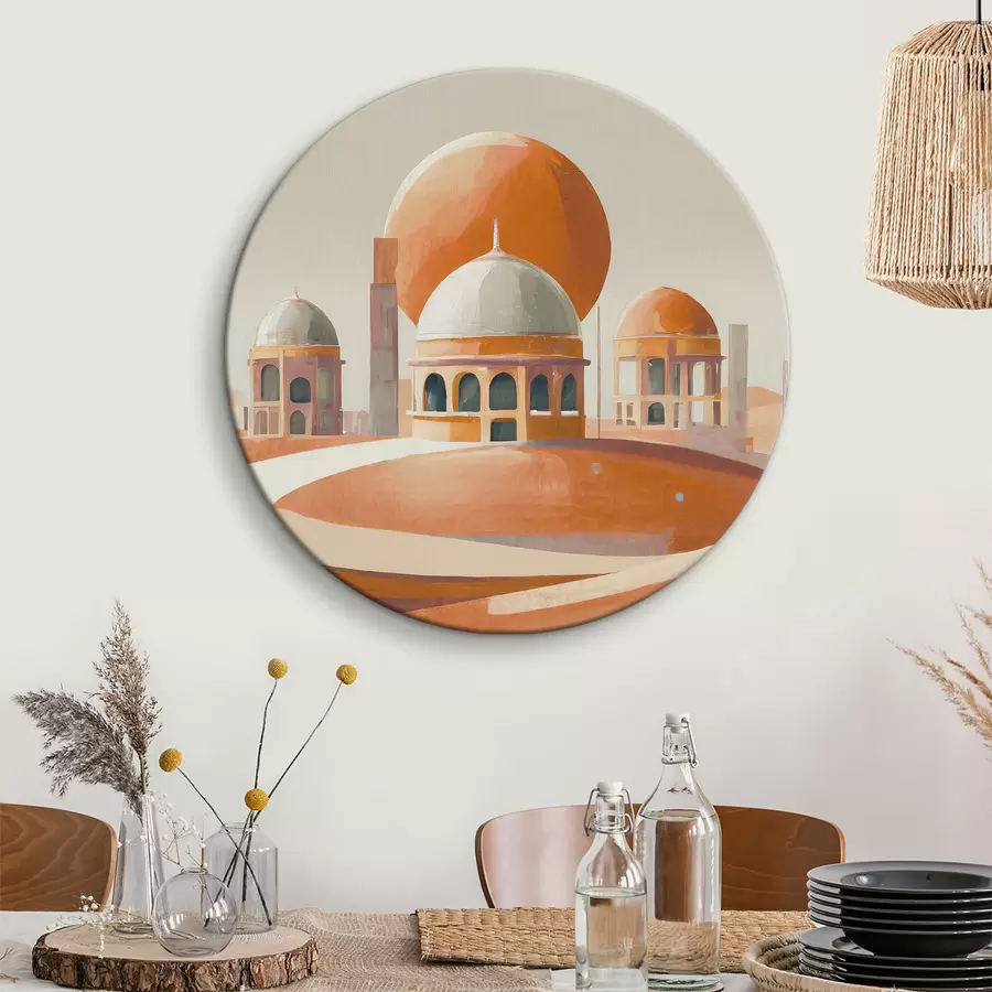  Schilderijen Woestijnlandschap met gebouwen en een grote oranje bal r37812