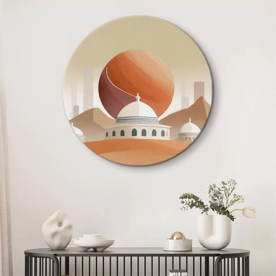  Schilderijen Woestijnlandschap met gebouwen en een grote rode bal r37817