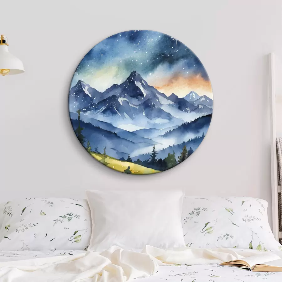  Schilderijen Aquarel berglandschap, bos, sterrenhemel, zonsondergang kleuren r37946