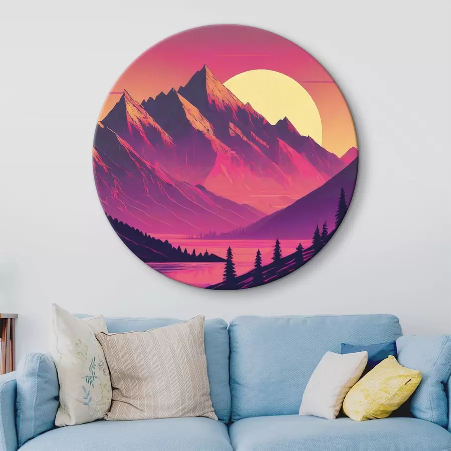  Schilderijen Abstract berglandschap, levendige kleuren, roze, zonsondergang hemel, futuristisch, zon, bos r38000