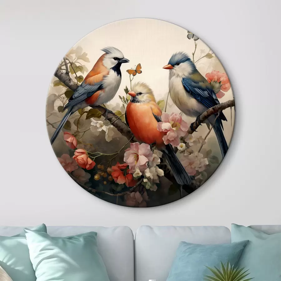  Schilderijen Een groep vogels op een tak met bloemen r38103